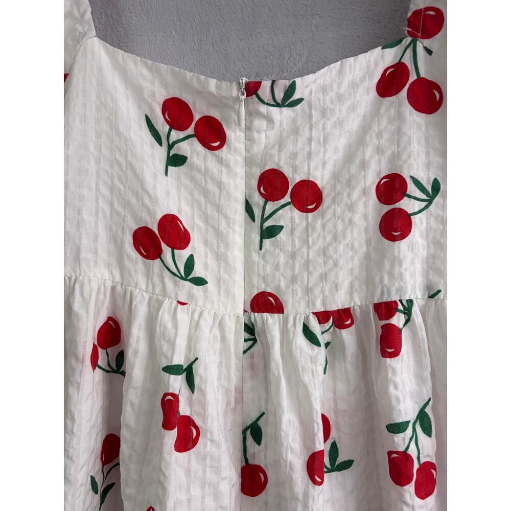Pink Lily White Cherry Print Puff Sleeve Babydoll Mini Dress - Size XS - Picture 7 of 8